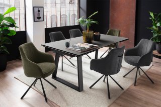 Table repas extensible NARBAN 200(300cm) plateau céramique verre anthracite pied metal noir mat