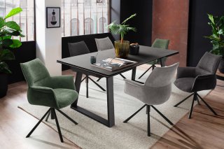 Table repas extensible NARBAN 200(300cm) plateau céramique verre anthracite pied metal noir mat