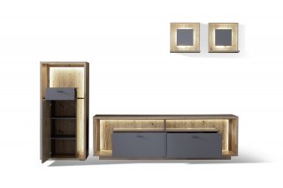 Meuble télé - Commode 66x141cm - étagères murales SOLO Mélamine chêne Façade Gris 