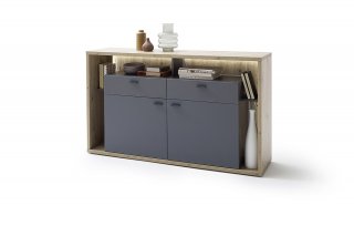 Buffet SOLO 156 x 91 cm Mélamine chêne Façade Gris royal 2 portes- 2 tiroirs 