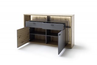 Buffet SOLO 156 x 91 cm Mélamine chêne Façade Gris royal 2 portes- 2 tiroirs 