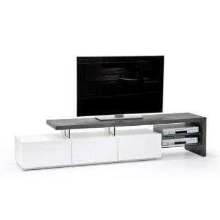 Meuble TV design ALRIK 3 tiroirs structure laquée blanc mat plateau décor béton Meuble TV design ALRIK 3 tiroirs structure laquée blanc mat plateau décor béton