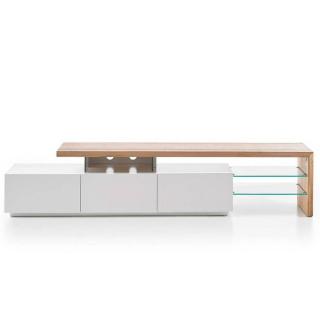 Meuble TV design ALRIK 3 tiroirs structure laquée blanc mat plateau décor chêne Meuble TV design ALRIK 3 tiroirs structure laquée blanc mat plateau décor chêne