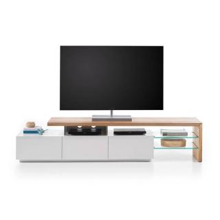 Meuble TV design ALRIK 3 tiroirs structure laquée blanc mat plateau décor chêne