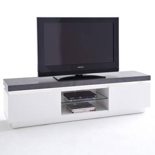 Meuble TV design ATLANTIC CITY laqué blanc mat et béton 2 portes LED blanc inclus
