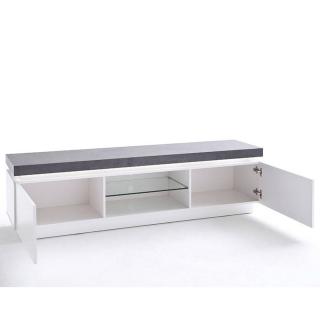 Meuble TV design ATLANTIC CITY laqué blanc mat et béton 2 portes LED blanc inclus