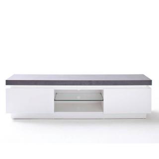 Meuble TV design ATLANTIC CITY laqué blanc mat et béton 2 portes LED blanc inclus