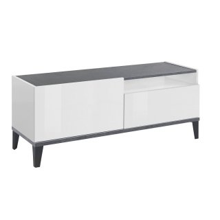 Meuble TV VALIE blanc laqué brillant, gris ardoise, 1 porte 1 tiroir