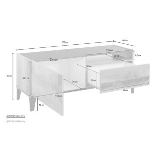 Meuble TV VALIE blanc laqué brillant, gris ardoise, 1 porte 1 tiroir