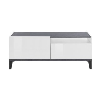 Meuble TV VALIE blanc laqué brillant, gris ardoise, 1 porte 1 tiroir