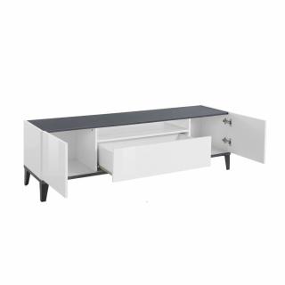 Meuble TV VALIE blanc laqué brillant, gris ardoise, 2 portes 1 tiroir