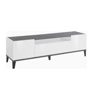 Meuble TV VALIE blanc laqué brillant, gris ardoise, 2 portes 1 tiroir