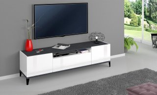 Meuble TV VALIE blanc laqué brillant, gris ardoise, 2 portes 1 tiroir