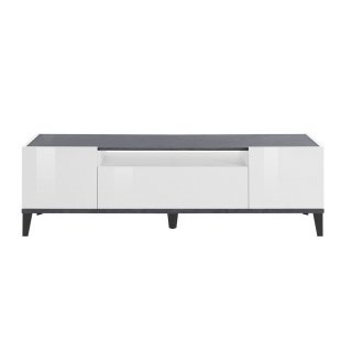Meuble TV VALIE blanc laqué brillant, gris ardoise, 2 portes 1 tiroir