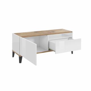 Meuble TV VALIE blanc laqué brillant, érable vintage, 1 porte 1 tiroir Meuble TV VALIE blanc laqué brillant, érable vintage, 1 porte 1 tiroir