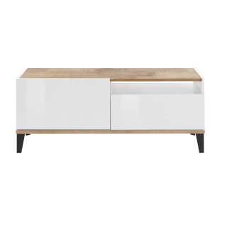 Meuble TV VALIE blanc laqué brillant, érable vintage, 1 porte 1 tiroir 