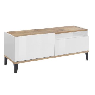 Meuble TV VALIE blanc laqué brillant, érable vintage, 1 porte 1 tiroir 