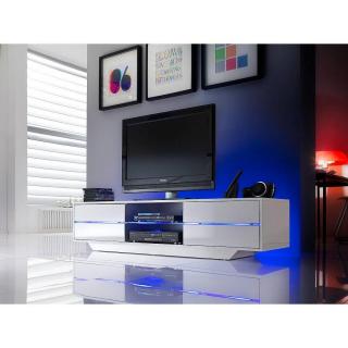 Meuble TV design BOSCO 4 tiroirs finition laqée blanc brillant éclairage led intégré