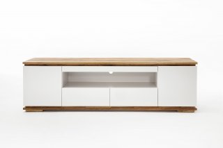 Meuble TV CHARLY blanc mat 2 tiroirs 2 portes 1 niche socle plateau chêne massif 