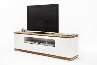 Meuble TV CHARLY blanc mat 2 tiroirs 2 portes 1 niche socle plateau chêne massif 