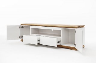 Meuble TV CHARLY blanc mat 2 tiroirs 2 portes 1 niche socle plateau chêne massif 