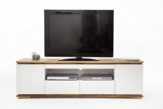 Meuble TV CHARLY blanc mat 2 tiroirs 2 portes 1 niche socle plateau chêne massif 