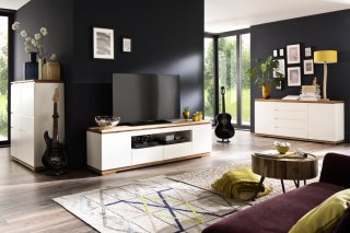 Meuble TV CHARLY blanc mat 2 tiroirs 2 portes 1 niche socle plateau chêne massif 
