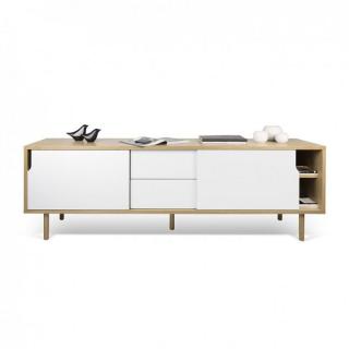 meuble TV DANN chêne avec 2 portes coulissantes et 2 tiroirs blanc