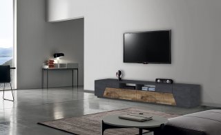Meuble TV NALIE gris ardoise, érable vintage, 4 portes 2 tiroirs