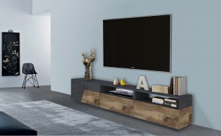 Meuble TV NALIE gris ardoise, érable vintage, 2 portes 2 tiroirs 