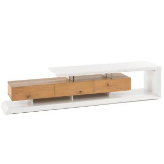 Meuble TV design EMERAINVILLE finition laquée blanc mat 3 tiroirs façade chêne noueux