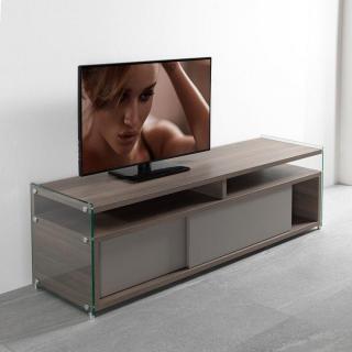 Meuble TV TALAC coloris noyer avec 2 portes coulissantes taupe Meuble TV TALAC coloris noyer avec 2 portes coulissantes taupe