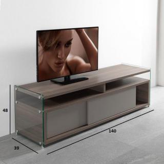 Meuble TV TALAC coloris noyer avec 2 portes coulissantes taupe
