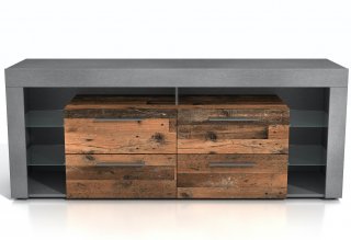 Meuble TV VALEE 3 bois vieilli old style foncé et matera 4 tiroirs