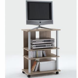 Meuble TV haut sur roulette VAR coloris chêne 4 plateaux fixes barres teintées aluminium Meuble TV haut sur roulette VAR coloris chêne 4 plateaux fixes barres teintées aluminium