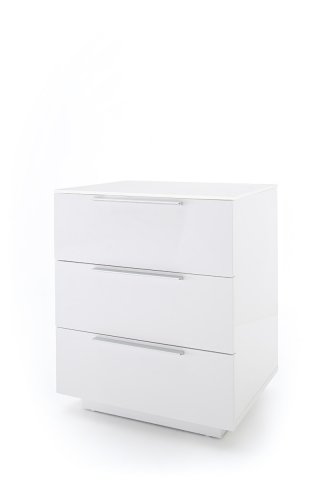 Chevet NOVO laqué blanc brillant plateau verre blanc 3 tiroirs