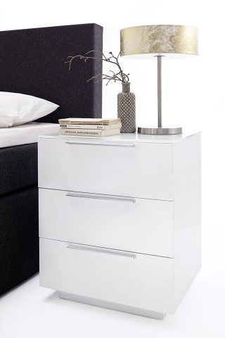 Chevet NOVO laqué blanc brillant plateau verre blanc 3 tiroirs