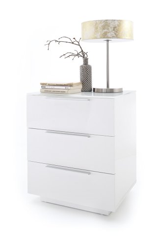 Chevet NOVO laqué blanc brillant plateau verre blanc 3 tiroirs