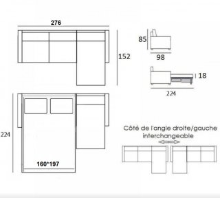 Canapé d'angle réversible  EXPRESS ONYX 160 cm Accoudoirs médium matelas 16 cm sommier lattes RENATONISI