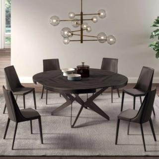 Table à rallonge BIG ROUND en Chêne Ancien Gris et piétement  en métal bronze