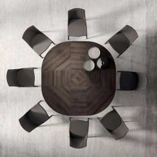 Table à rallonge BIG ROUND en Chêne Ancien Gris et piétement  en métal bronze