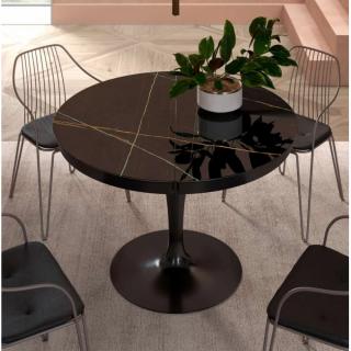 Table extensible Ronde ECLIPSE en Marbre Noir et piétement Métal Noir Perle