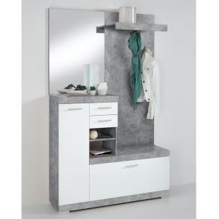Vestiaire BEZIERS gris béton et blanc brillant 1 porte 2 tiroirs 3 plateaux fixes 3 plateaux amovibles