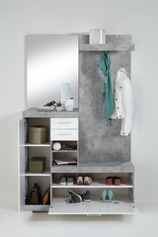 Vestiaire BEZIERS gris béton et blanc brillant 1 porte 2 tiroirs 3 plateaux fixes 3 plateaux amovibles