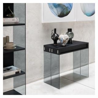 Table console extensible 45 à 225 cm STEF 8 couverts piétement verre fumé plateau noir