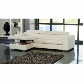 Canapé d'angle gauche SAMUEL convertible lit gigogne + méridienne coffre cuir noir