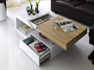 Table basse  HOLLY finition laqué blanc et bois 1 tiroir