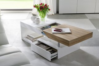 Table basse  HOLLY finition laqué blanc et bois 1 tiroir