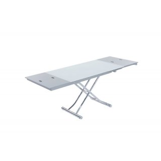 Table basse relevable et extensible NEWJUMP verre blanc pied chromé