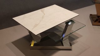 Table OPEN  à doubles plateaux pivotants en verre trempé et céramique marbre blanc